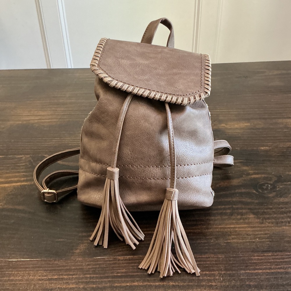 Brown Faux Leather Mini Backpack Tassel Whipstitch Boho Drawstring Bag